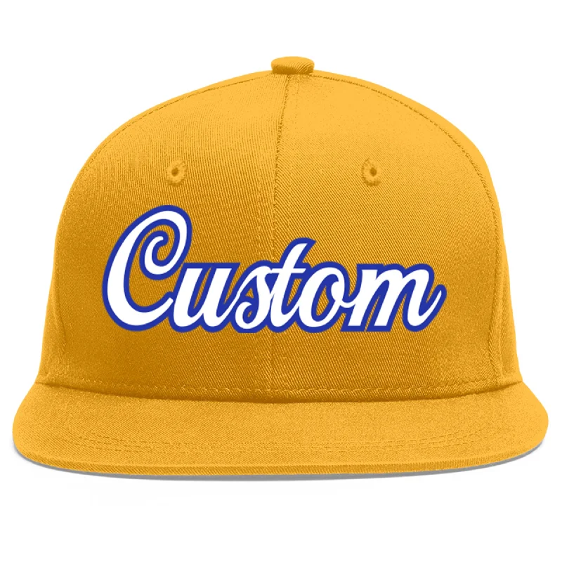 Baseball caps with sun protection-Custom Gold White-Royal Flat Eaves Sport Baseball Cap