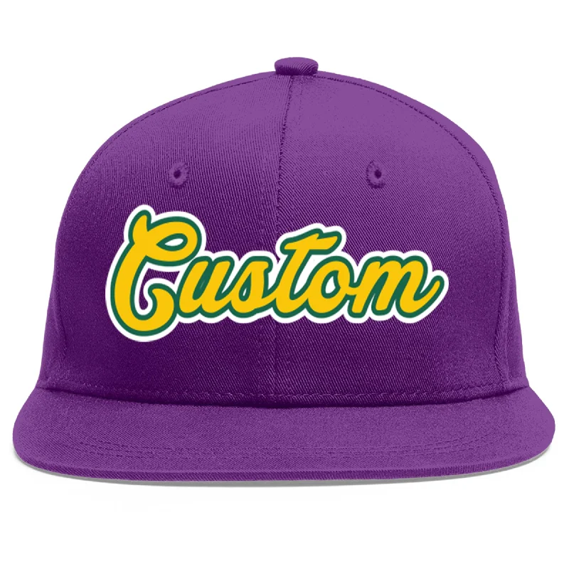 Baseball caps for athletes' performance-Custom Purple Gold-Kelly Green Flat Eaves Sport Baseball Cap