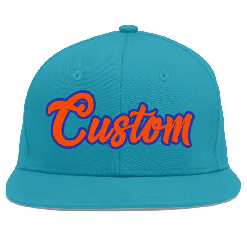 Baseball caps for athletes-Custom Aqua Orange-Royal Flat Eaves Sport Baseball Cap