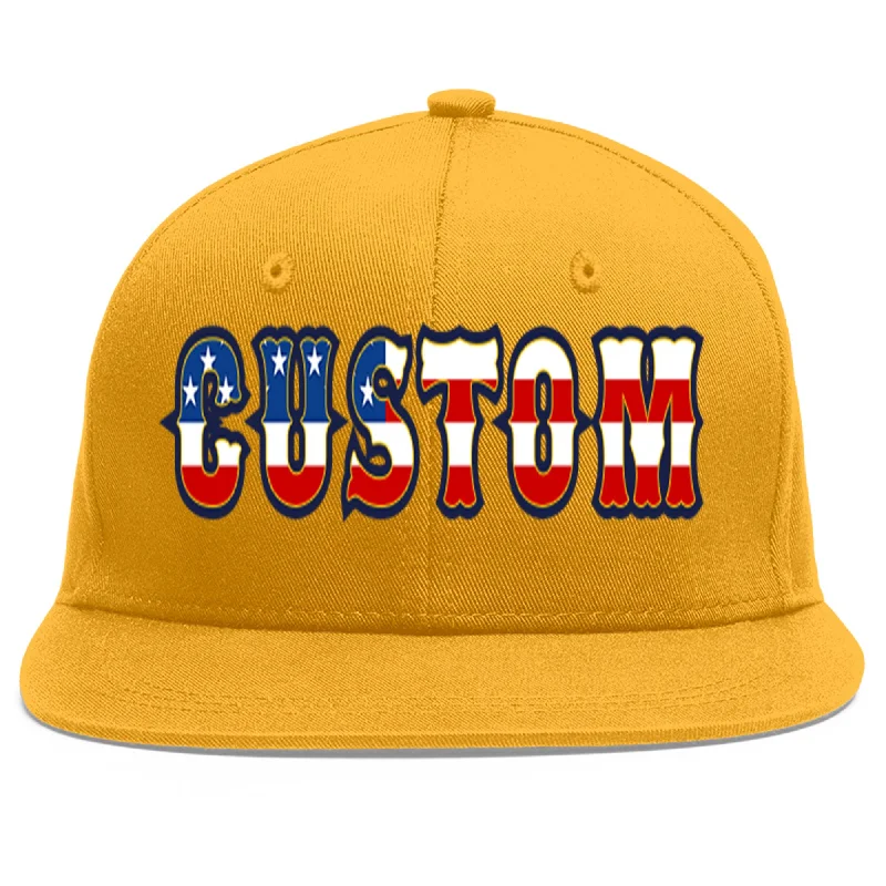 Baseball caps with sports jackets-Custom Gold Vintage USA Flag-Gold Flat Eaves Sport Baseball Cap