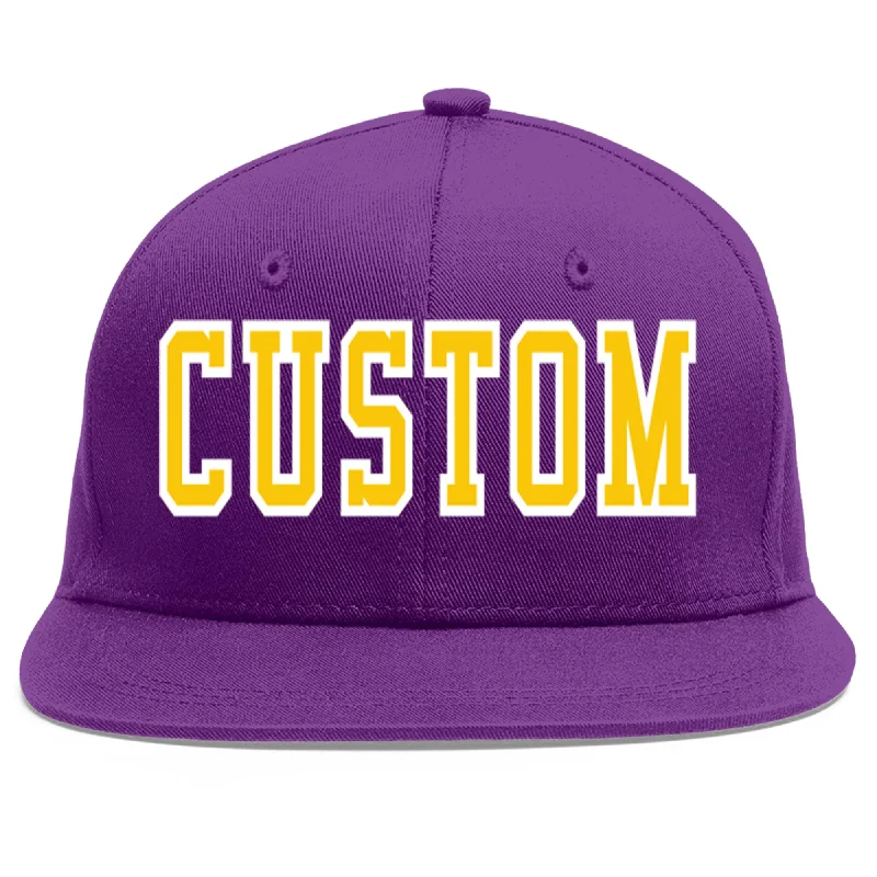 Soft fabric baseball caps-Custom Purple Gold-White Flat Eaves Sport Baseball Cap