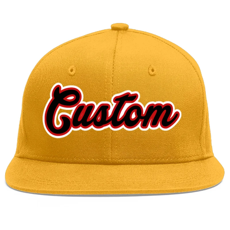 Baseball caps with flexible design-Custom Gold Black-Red Flat Eaves Sport Baseball Cap