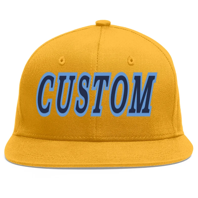 Baseball caps for extreme sports-Custom Gold Navy-Light Blue Flat Eaves Sport Baseball Cap