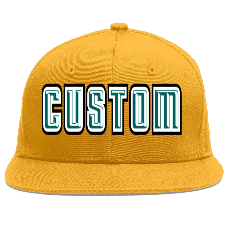 Baseball caps for team sports-Custom Gold Aqua-White Flat Eaves Sport Baseball Cap