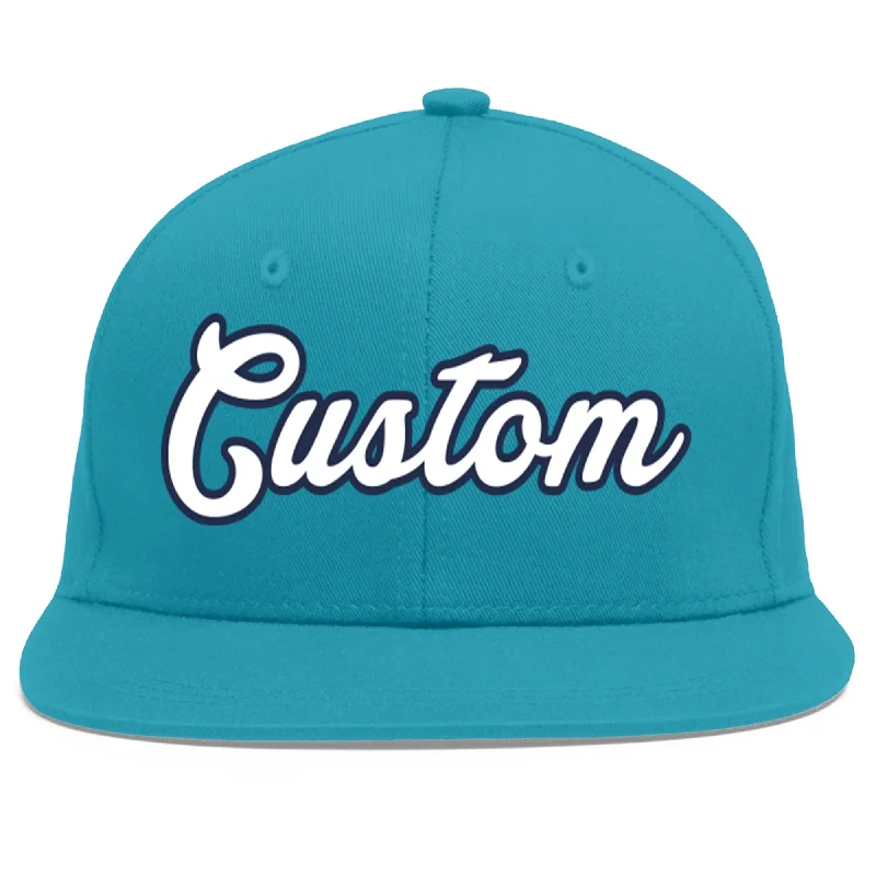 Baseball caps for outdoor sports-Custom Aqua White-Navy Flat Eaves Sport Baseball Cap