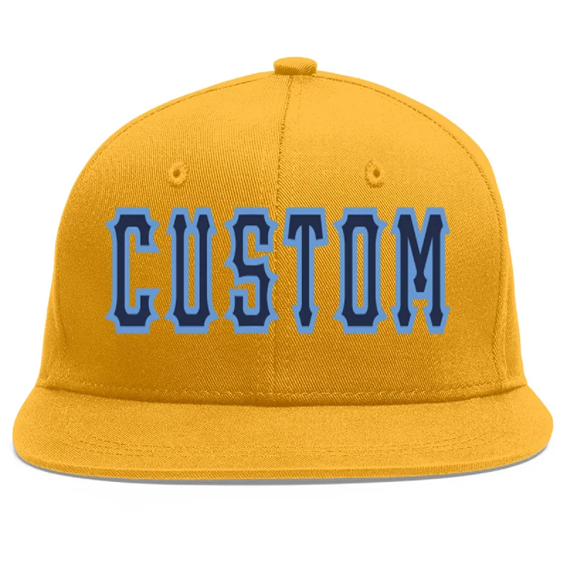 Wind-resistant baseball caps-Custom Gold Navy-Light Blue Flat Eaves Sport Baseball Cap