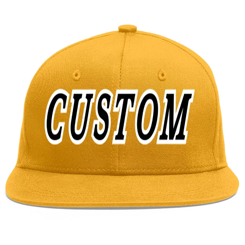 Top baseball cap brands-Custom Gold Black-White Flat Eaves Sport Baseball Cap