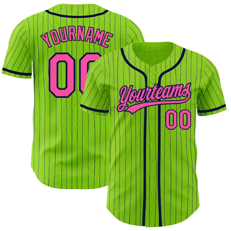 Baseball jerseys with unique patchwork for team spirit-Custom Neon Green Navy Pinstripe Pink Authentic Baseball Jersey