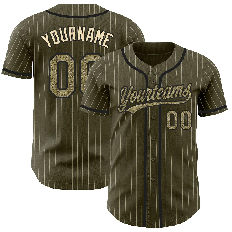 Custom baseball jerseys for summer camps and leagues-Custom Olive City Cream Pinstripe Camo-Black Authentic Salute To Service Baseball Jersey