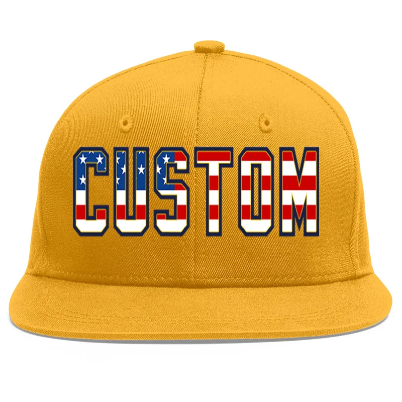 Popular baseball cap trends-Custom Gold Vintage USA Flag-Gold Flat Eaves Sport Baseball Cap