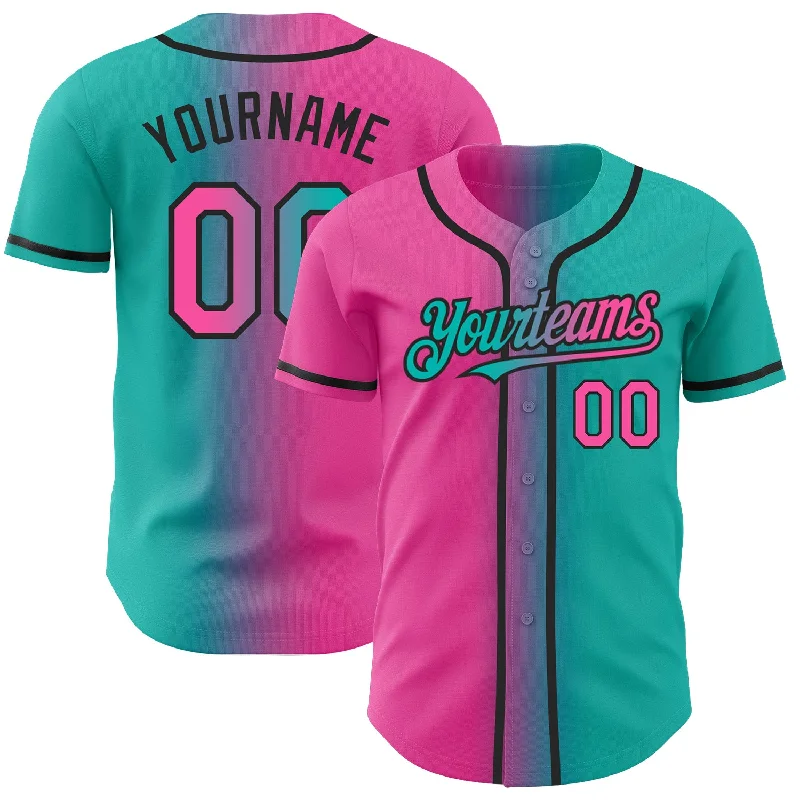 Baseball jerseys with oversized logos for team pride-Custom Aqua Pink-Black Authentic Gradient Fashion Baseball Jersey