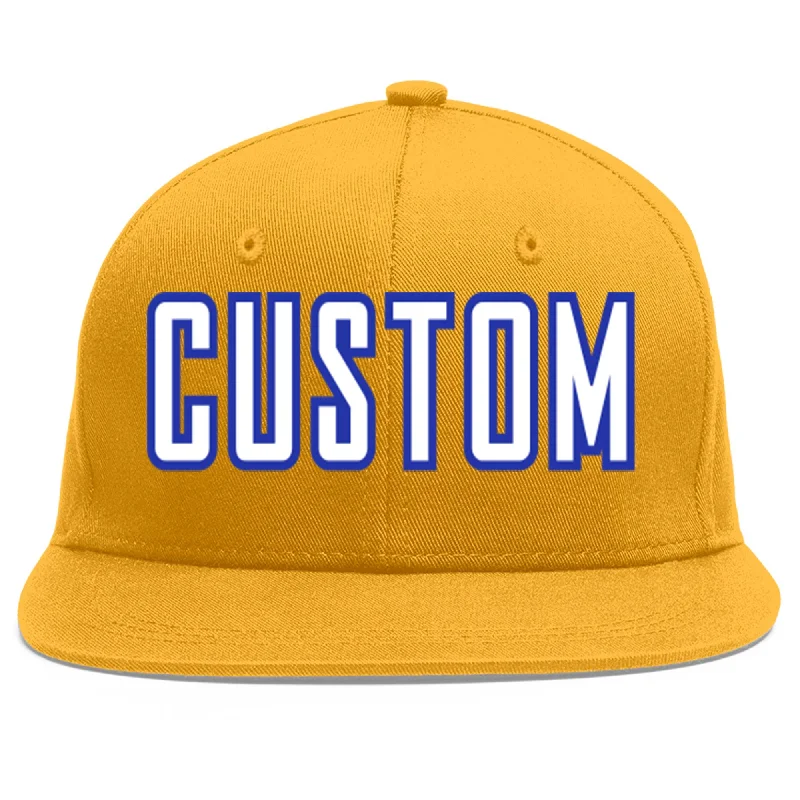 Comfort and design balance in baseball caps-Custom Gold White-Royal Flat Eaves Sport Baseball Cap