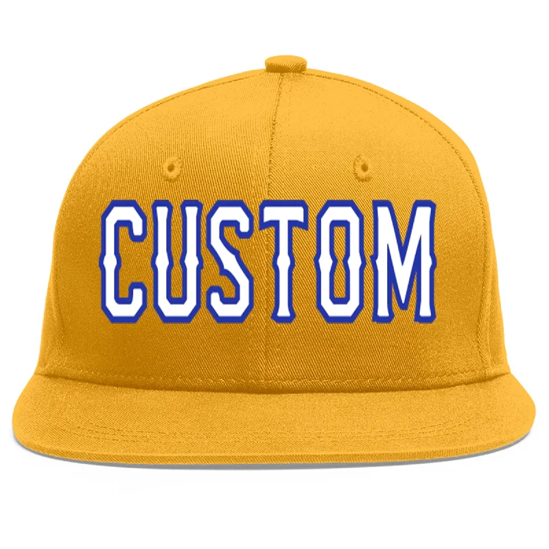 Classic baseball cap features-Custom Gold White-Royal Flat Eaves Sport Baseball Cap