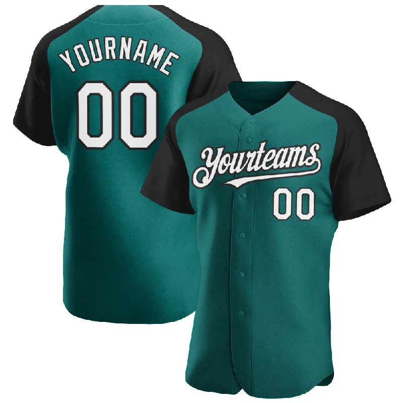 Baseball jerseys with moisture-wicking mesh fabric-Custom Teal White-Black Authentic Raglan Sleeves Baseball Jersey