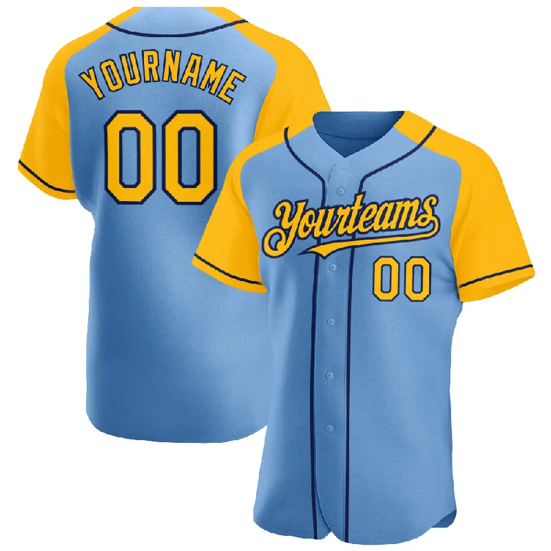 Best baseball jerseys for tournament teams-Custom Light Blue Gold-Navy Authentic Raglan Sleeves Baseball Jersey