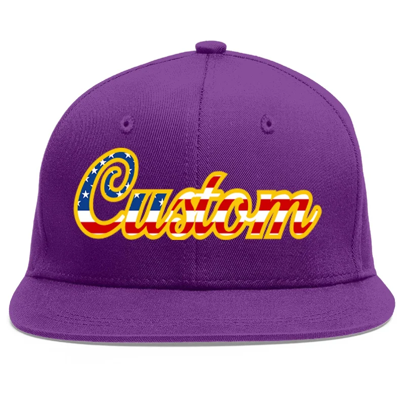 Baseball caps for sun protection-Custom Purple Vintage USA Flag-Gold Flat Eaves Sport Baseball Cap