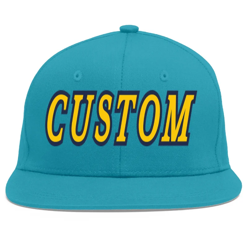 Versatile baseball cap styles-Custom Aqua Gold-Navy Flat Eaves Sport Baseball Cap