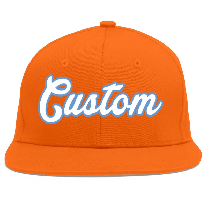 Trendy baseball cap styles-Custom Orange White-Light Blue Flat Eaves Sport Baseball Cap