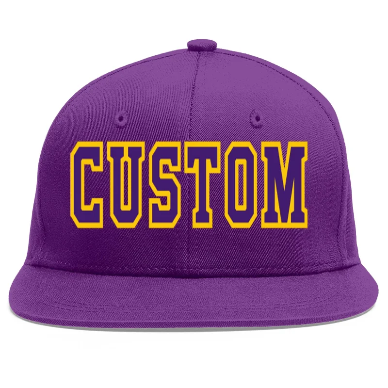 Baseball caps for fall and winter-Custom Purple purple-Gold Flat Eaves Sport Baseball Cap