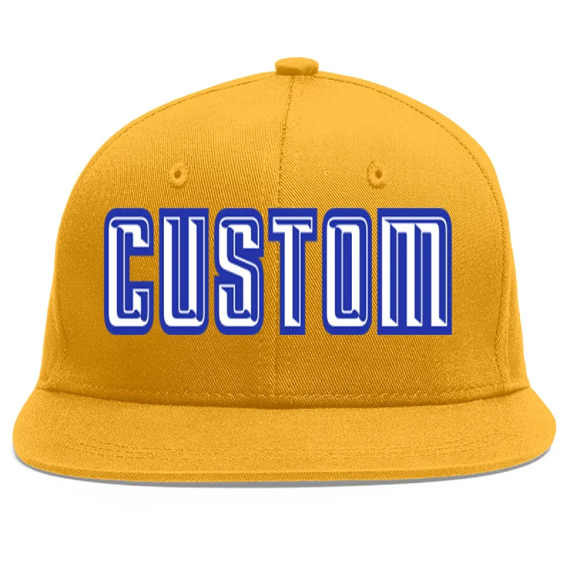 Adjustable baseball caps-Custom Gold White-Royal Flat Eaves Sport Baseball Cap