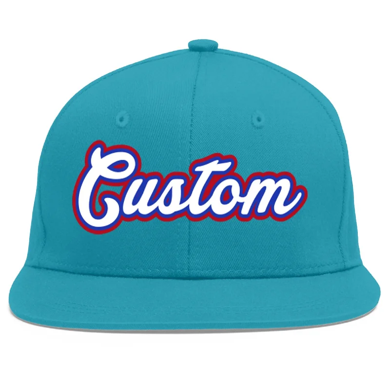 Customizable baseball caps-Custom Aqua White-Royal Flat Eaves Sport Baseball Cap