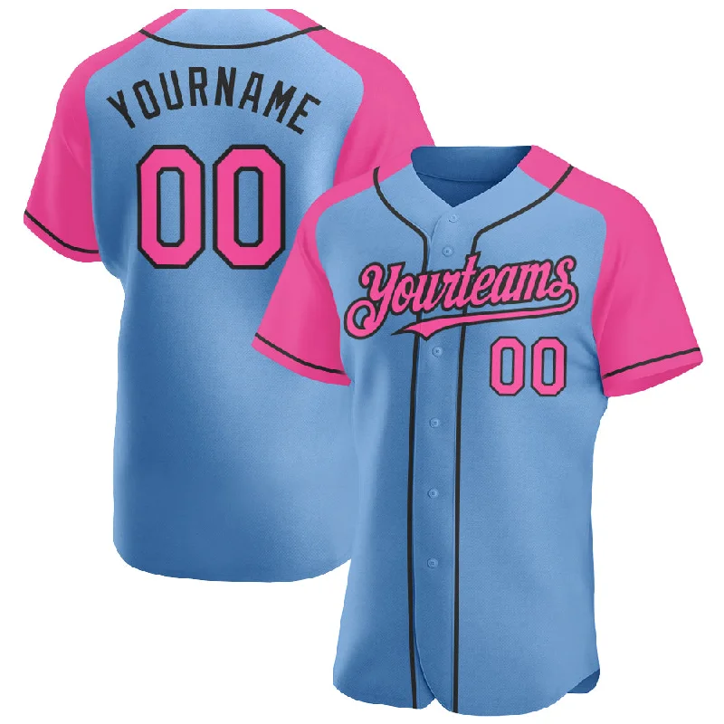 Durable baseball jerseys for outdoor play-Custom Light Blue Pink-Black Authentic Raglan Sleeves Baseball Jersey