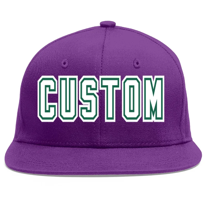 Stylish baseball cap designs-Custom Purple White-Kelly Green Flat Eaves Sport Baseball Cap