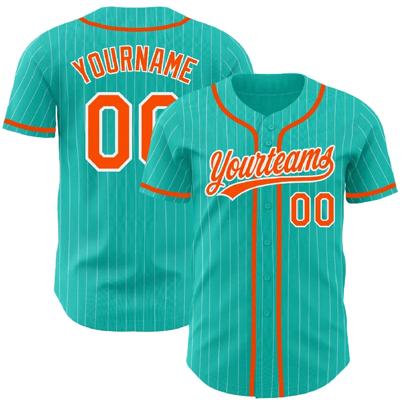 Baseball jerseys with customizable sleeves and collars-Custom Aqua White Pinstripe Orange Authentic Baseball Jersey