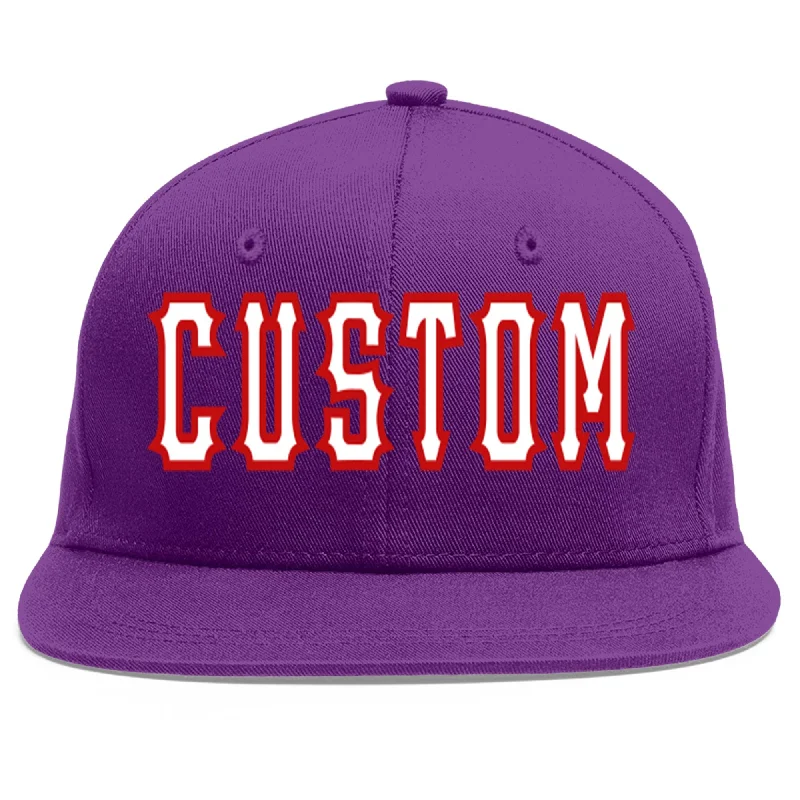 Trendy baseball caps for streetwear-Custom Purple White-Red Flat Eaves Sport Baseball Cap