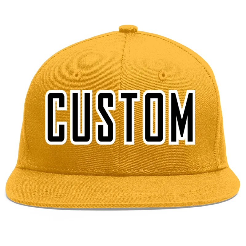 Baseball caps for hiking and trekking-Custom Gold Black-White Flat Eaves Sport Baseball Cap