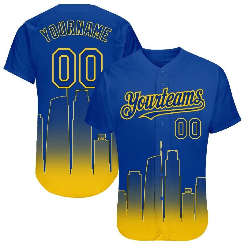 Baseball jerseys with long sleeves for cold weather-Custom Royal Yellow 3D Los Angeles City Edition Fade Fashion Authentic Baseball Jersey