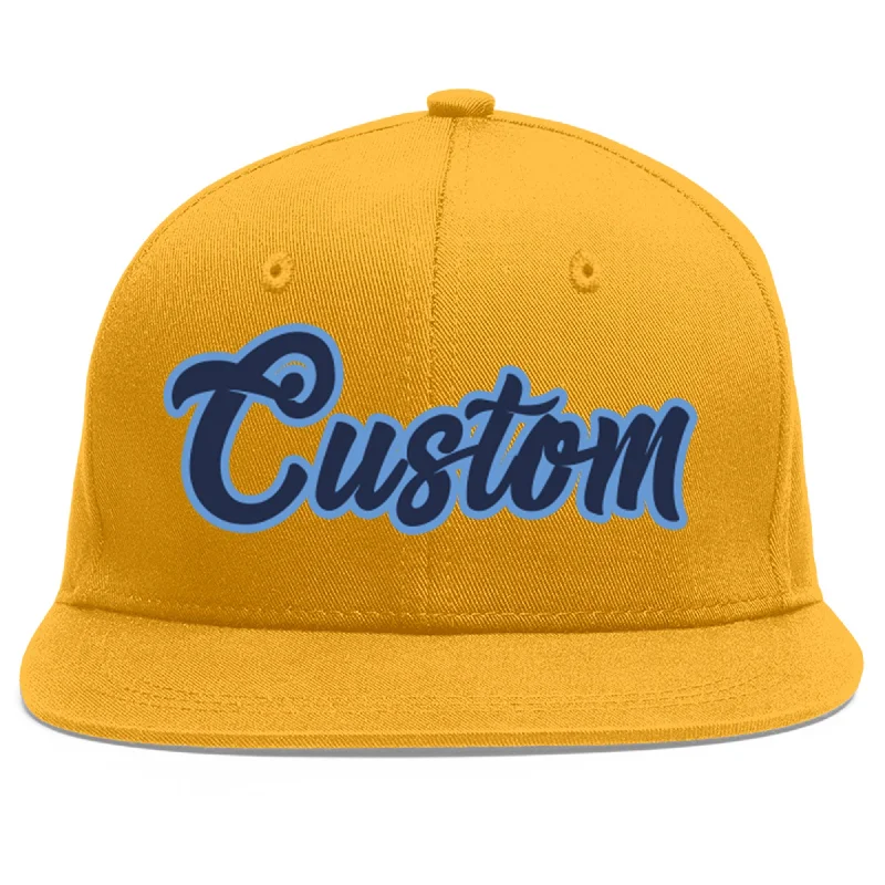 Baseball cap material comparison-Custom Gold Navy-Light Blue Flat Eaves Sport Baseball Cap