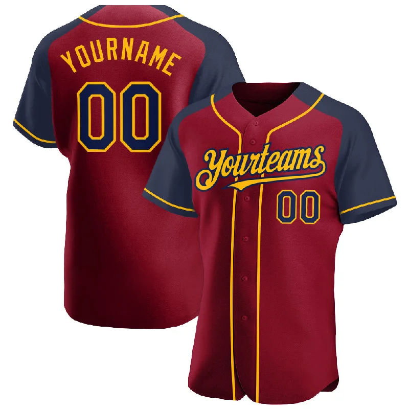 Best baseball jerseys with team branding-Custom Crimson Navy-Gold Authentic Raglan Sleeves Baseball Jersey