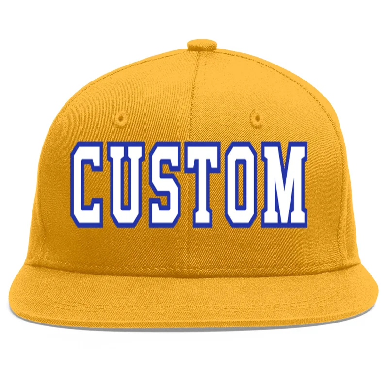 Trendy baseball cap styles-Custom Gold White-Royal Flat Eaves Sport Baseball Cap