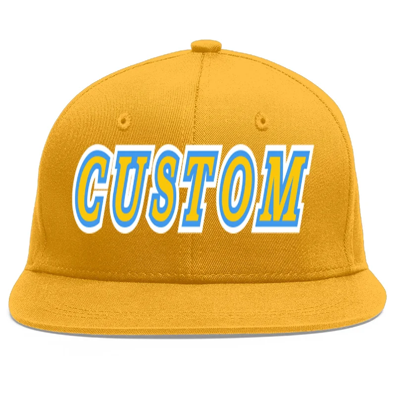 Baseball caps for all-weather use-Custom Gold Gold-Powder Blue Flat Eaves Sport Baseball Cap