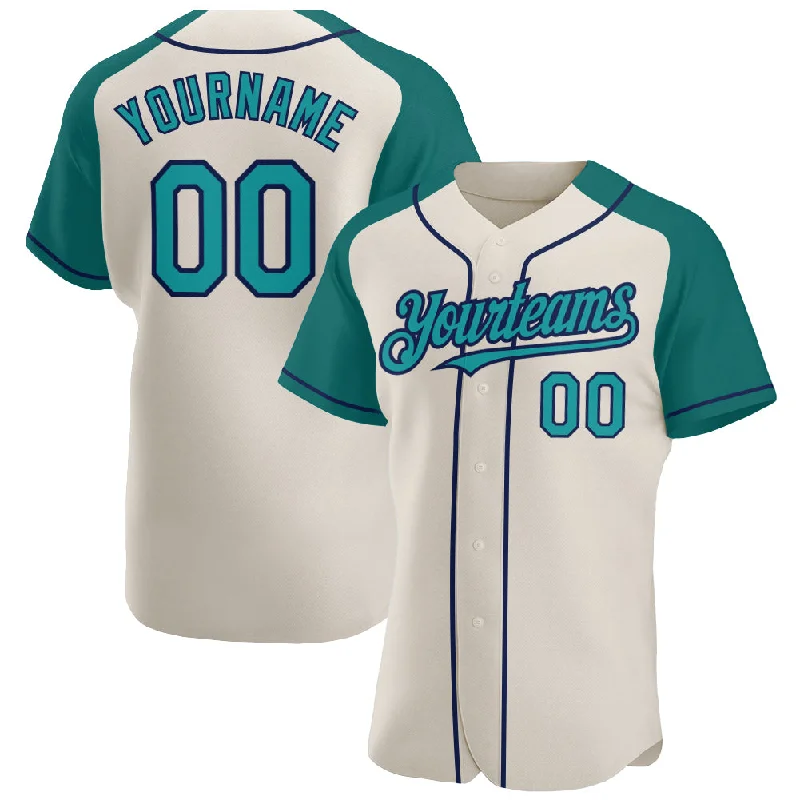 Lightweight and breathable baseball jerseys for athletes-Custom Cream Teal-Navy Authentic Raglan Sleeves Baseball Jersey