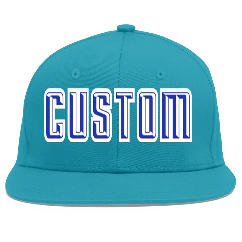 Interior lining features in baseball caps-Custom Aqua Royal-White Flat Eaves Sport Baseball Cap