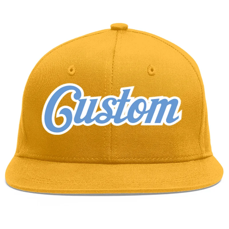 Baseball caps for hiking and trekking-Custom Gold Light Blue-White Flat Eaves Sport Baseball Cap