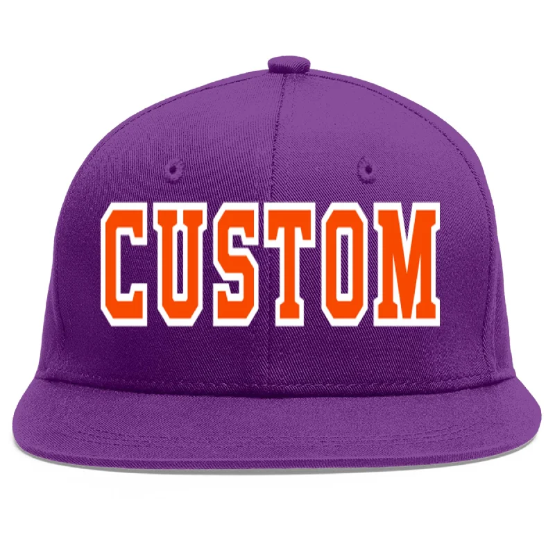 Baseball cap with hoodie pairing-Custom Purple Orange-White Flat Eaves Sport Baseball Cap