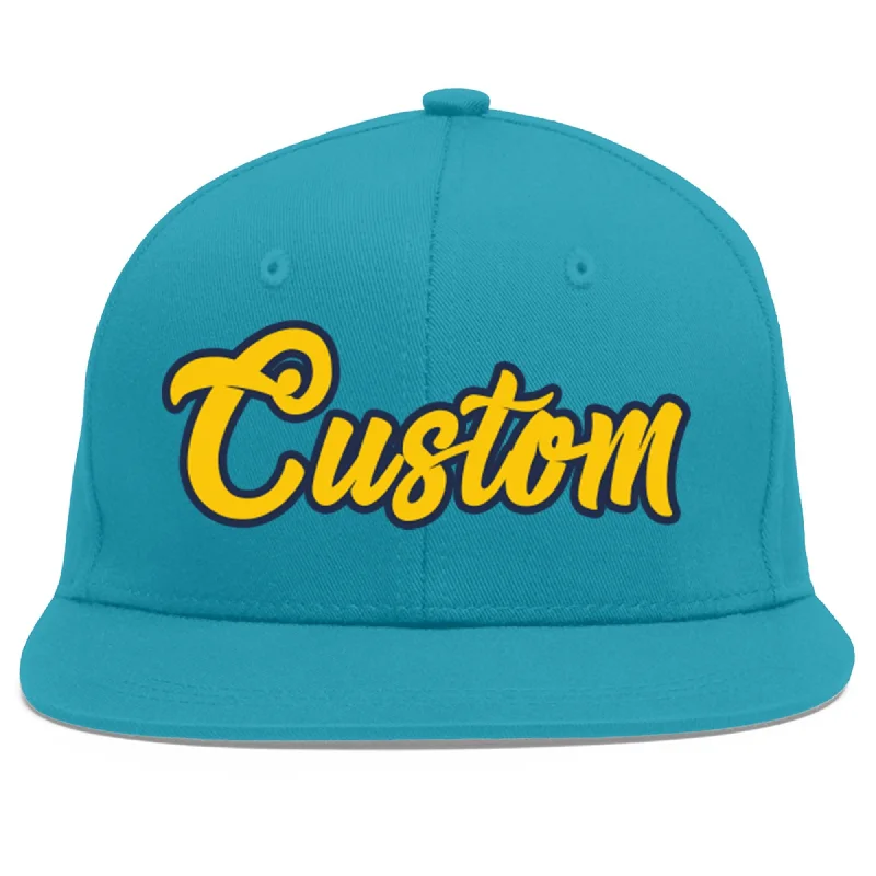 Baseball caps for different head shapes-Custom Aqua Gold-Navy Flat Eaves Sport Baseball Cap