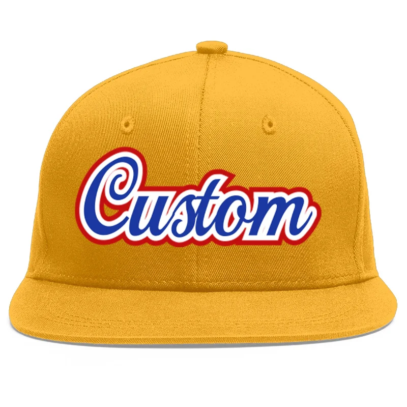 Baseball caps breathability features-Custom Gold Royal-White Flat Eaves Sport Baseball Cap