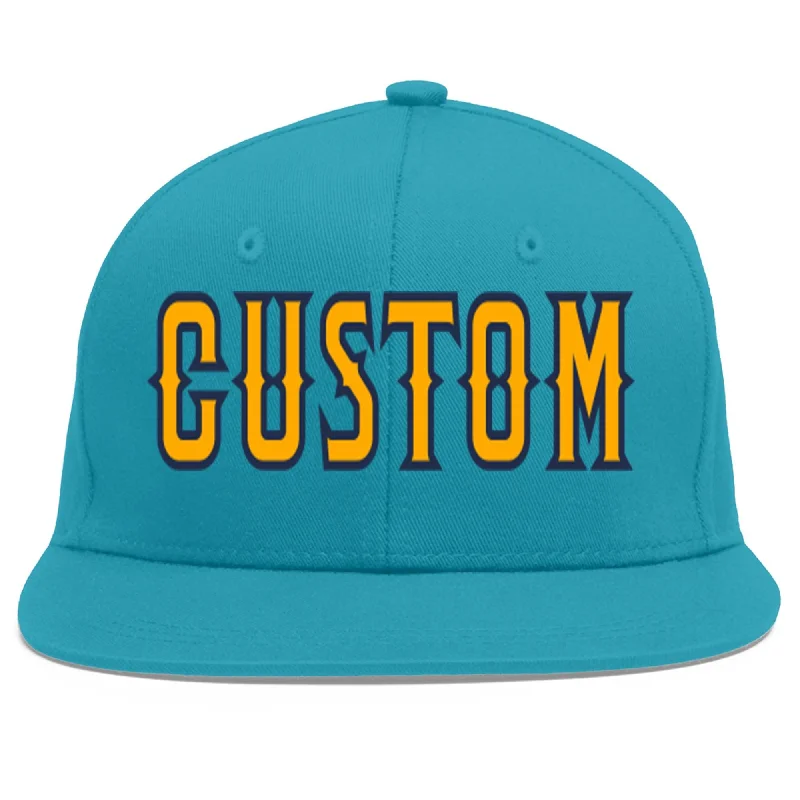 Wind-resistant baseball caps-Custom Aqua Yellow-Navy Flat Eaves Sport Baseball Cap