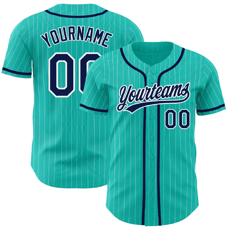 Custom baseball jerseys with full-sleeve designs-Custom Aqua White Pinstripe Navy Authentic Baseball Jersey