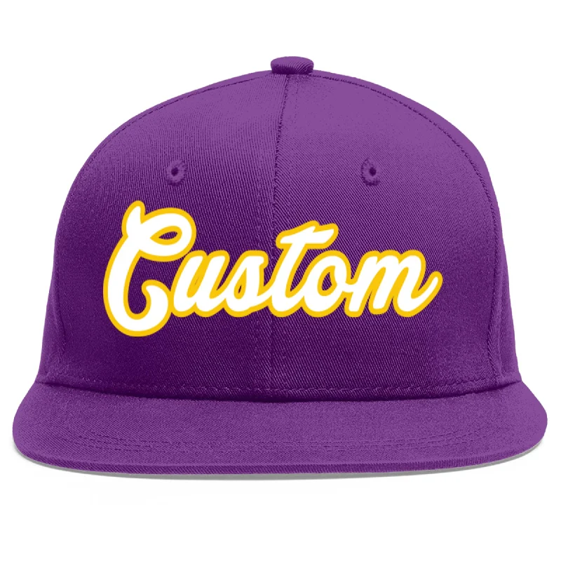 Baseball caps with elastic fit-Custom Purple White-Gold Flat Eaves Sport Baseball Cap