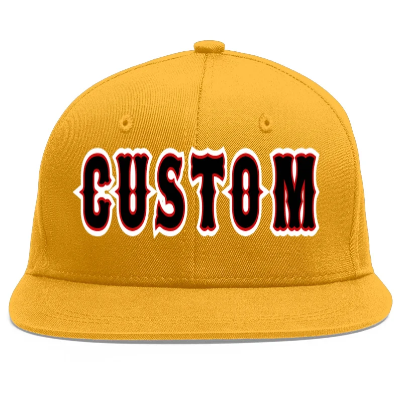 Innovative baseball cap designs-Custom Gold Black-Red Flat Eaves Sport Baseball Cap