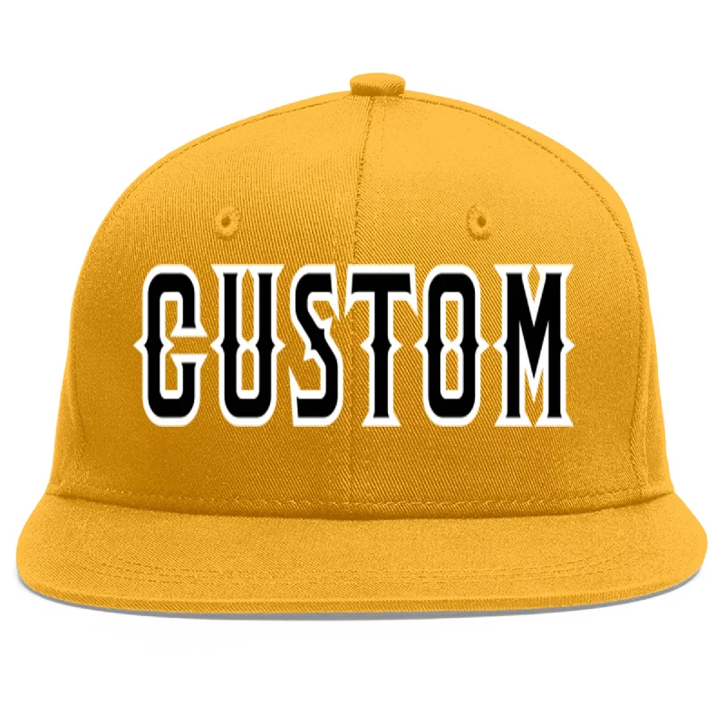 Baseball caps for outdoor activities-Custom Gold Black-White Flat Eaves Sport Baseball Cap