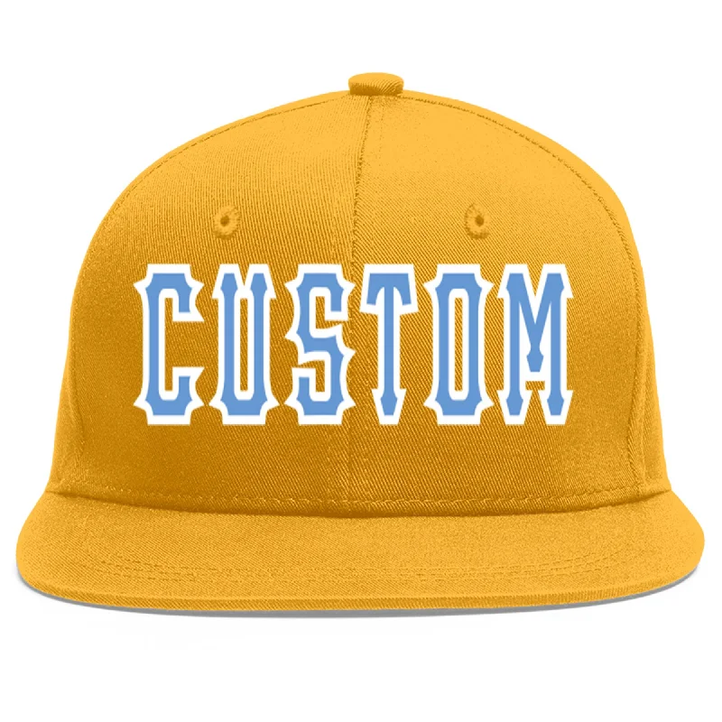 Seasonal fabric options for baseball caps-Custom Gold Light Blue-White Flat Eaves Sport Baseball Cap