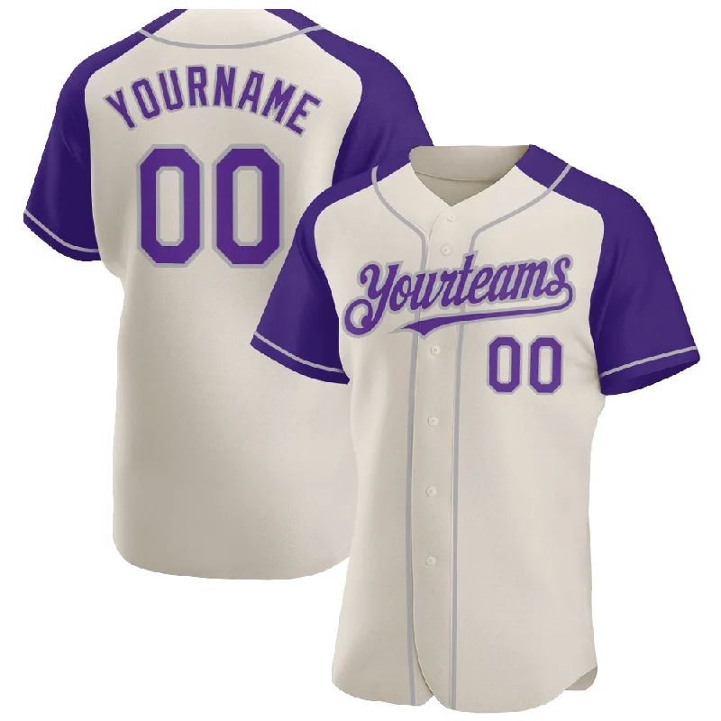 Personalized baseball jerseys for fan clubs-Custom Cream Purple-Gray Authentic Raglan Sleeves Baseball Jersey