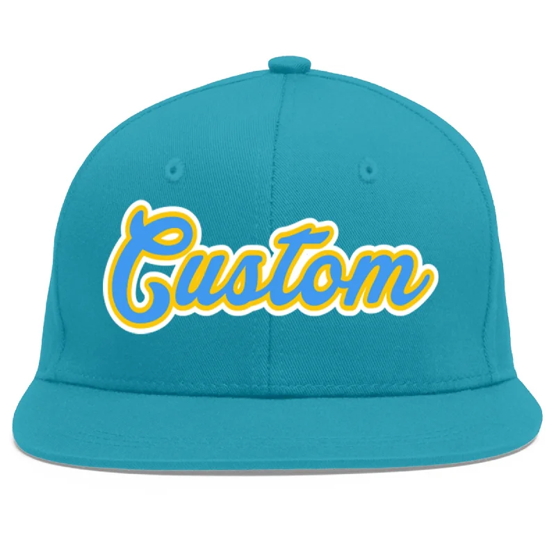 Functional features of baseball caps-Custom Aqua Powder Blue-Gold Flat Eaves Sport Baseball Cap