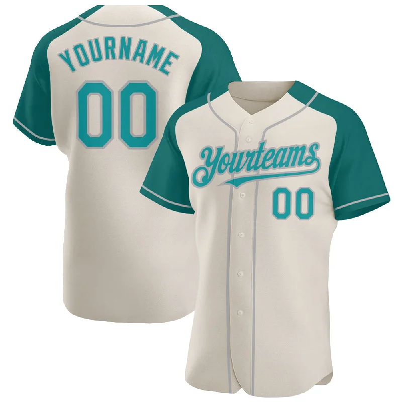 Baseball jerseys with custom designs for special events-Custom Cream Teal-Gray Authentic Raglan Sleeves Baseball Jersey